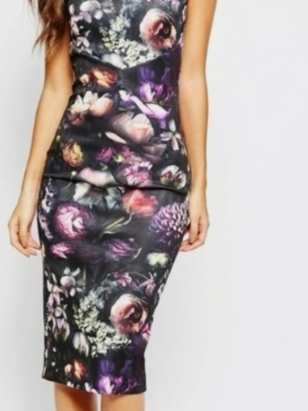 Ted Baker Raisie Shadow Black Purple Floral Bodycon Midi Dress